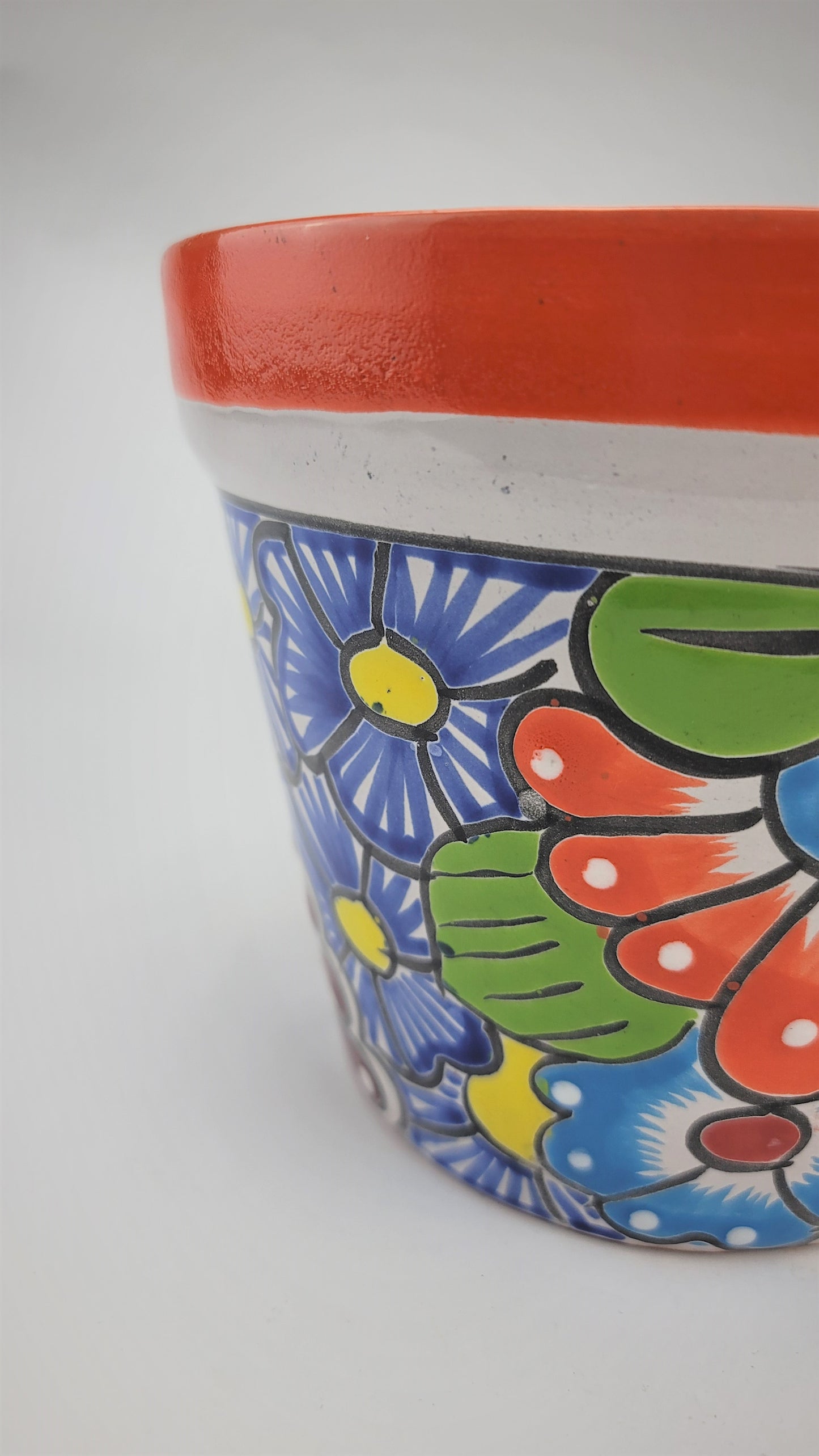 Hand-Painted Small Talavera Planter – Bright Orange Rim & Floral Art