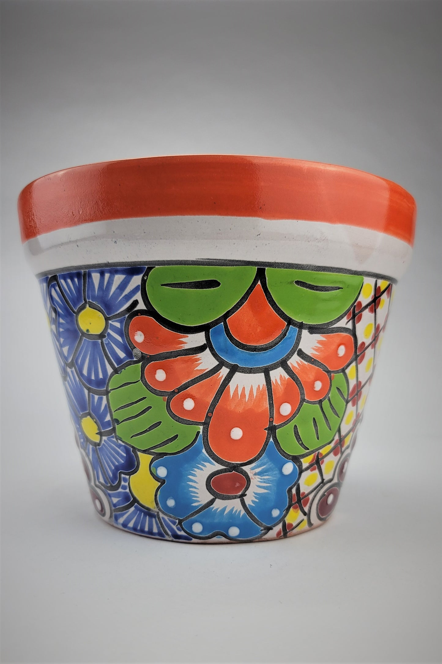 Hand-Painted Small Talavera Planter – Bright Orange Rim & Floral Art