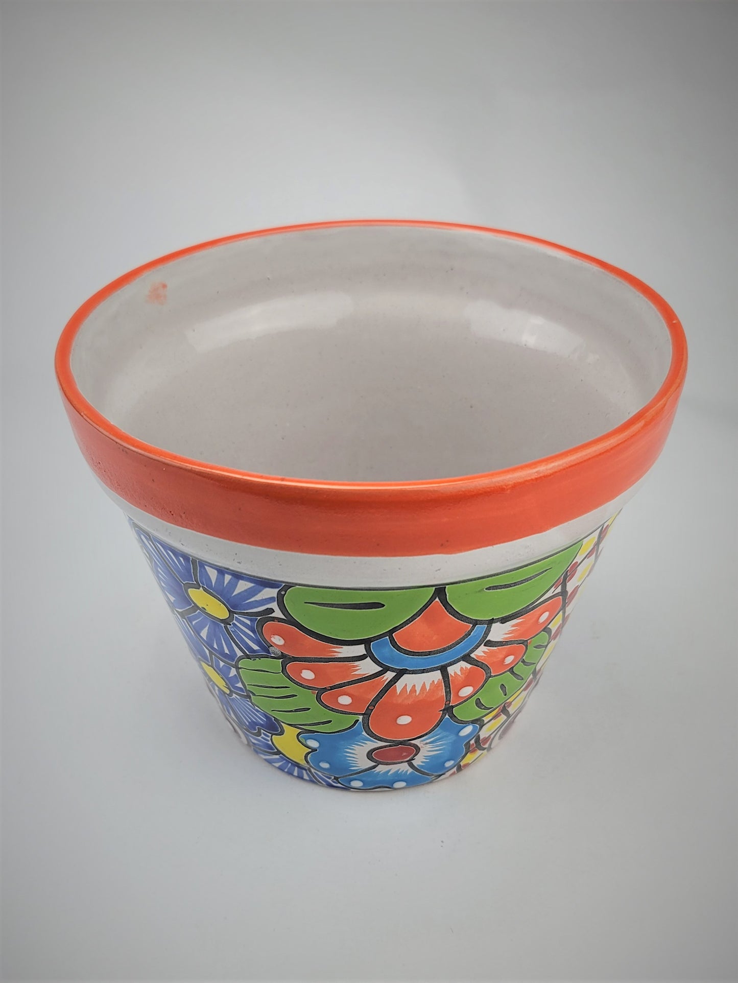 Hand-Painted Small Talavera Planter – Bright Orange Rim & Floral Art