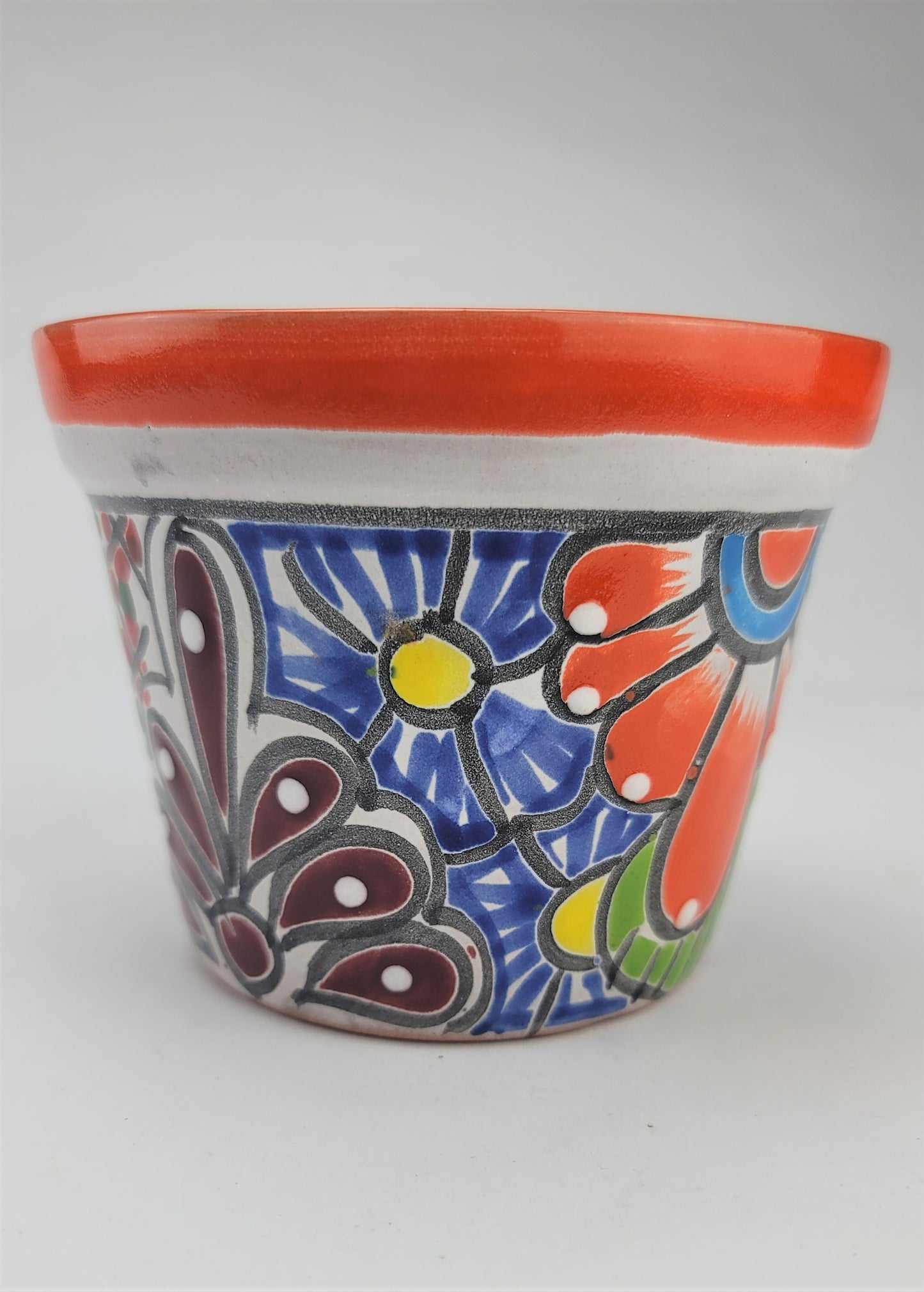Mini Talavera Ceramic Planter – Orange Rim & Colorful Floral Design