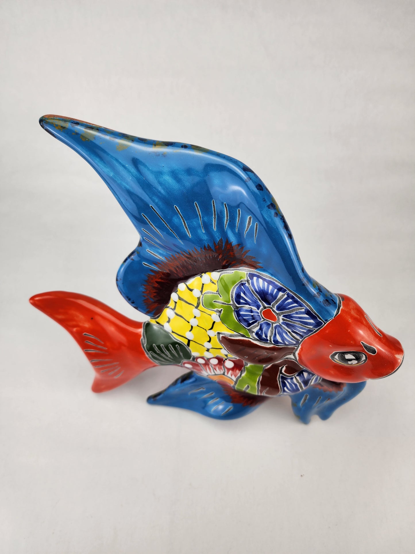 Mexican Ceramic Fish Sculpture - Hand-Painted with Floral Patterns