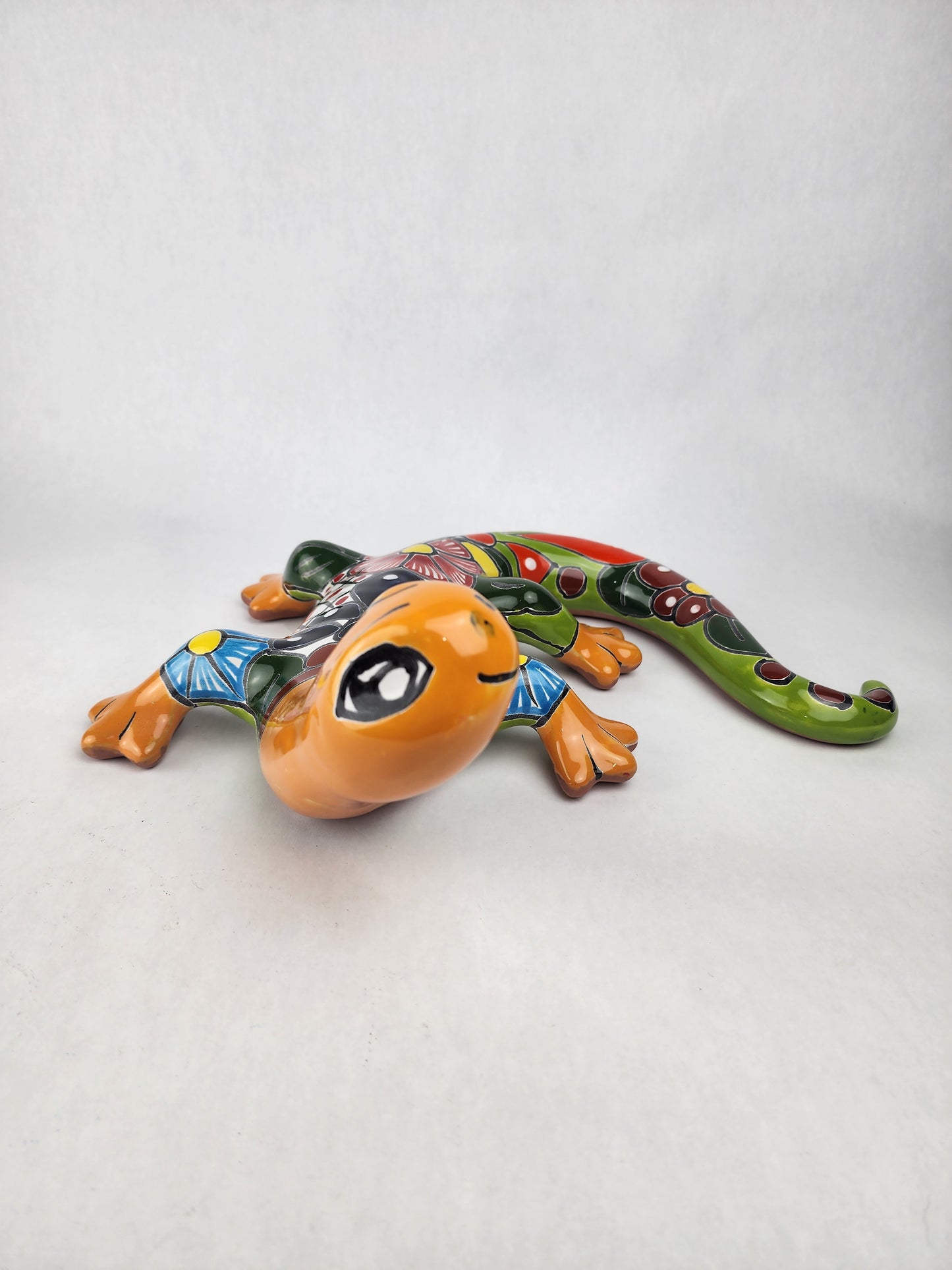 Orange & Green Talavera-Style Gecko – Mexican Ceramic Wall Art