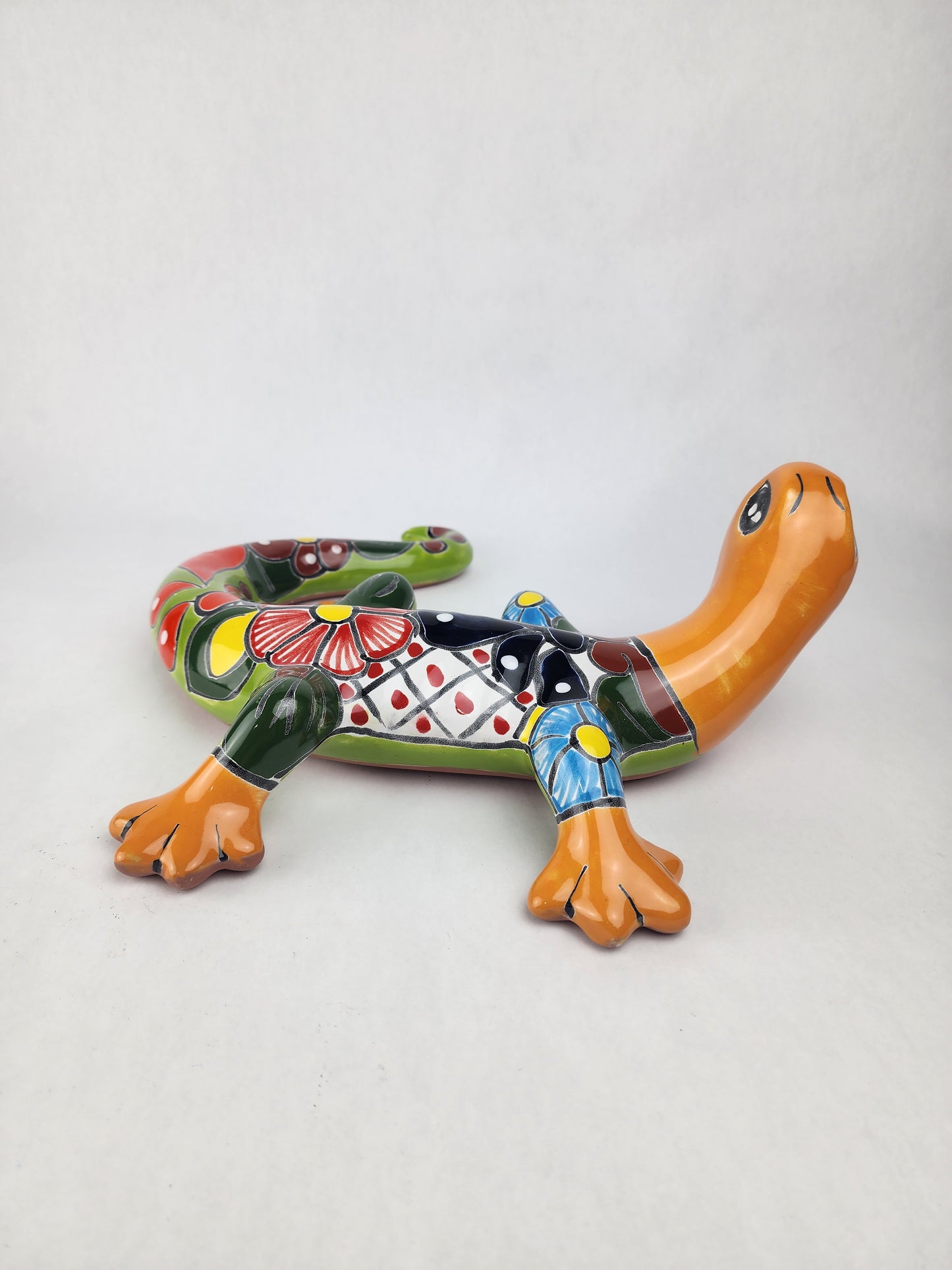 Orange & Green Talavera-Style Gecko – Mexican Ceramic Wall Art