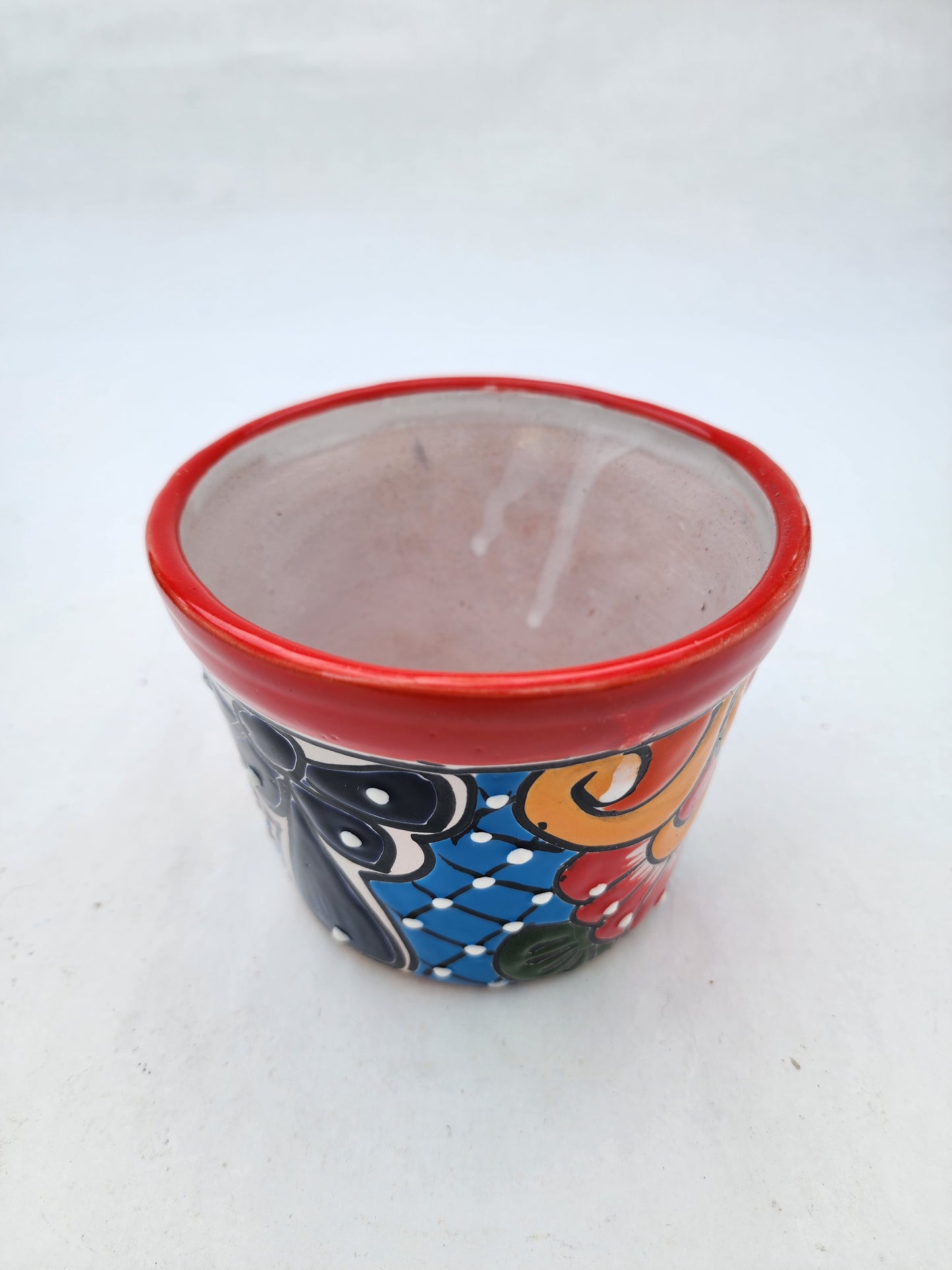 Small Talavera Ceramic Planter – Red Rim with Colorful Hand-Painted Pattern