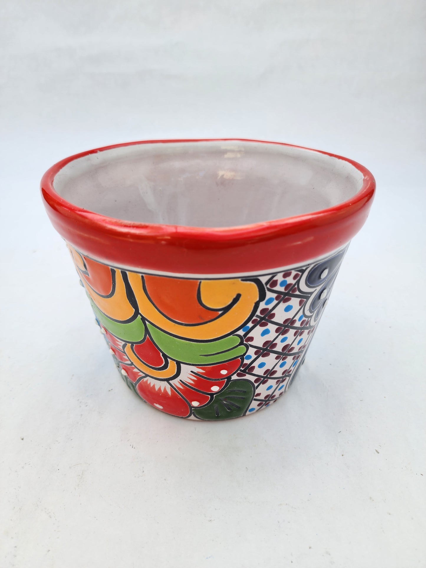 Small Hand-Painted Talavera Pot – Red Rim Colorful Ceramic Planter