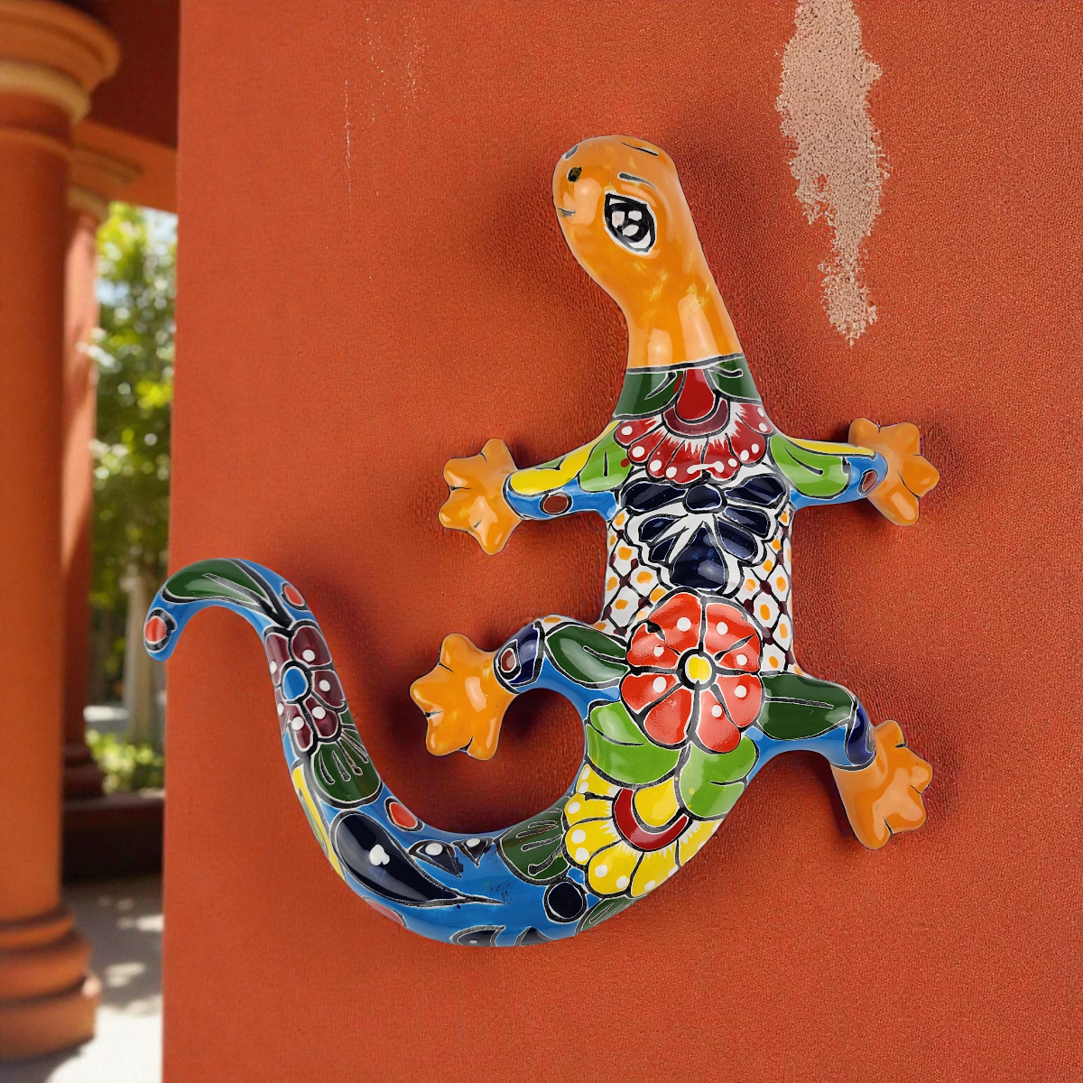 Orange Talavera-Style Gecko – Handcrafted Mexican Folk Art Décor