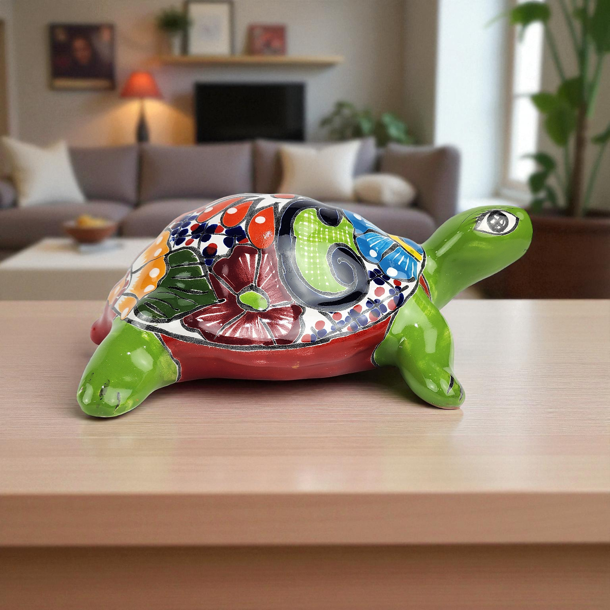 Green Talavera-Style Turtle – Handcrafted Mexican Folk Art Décor