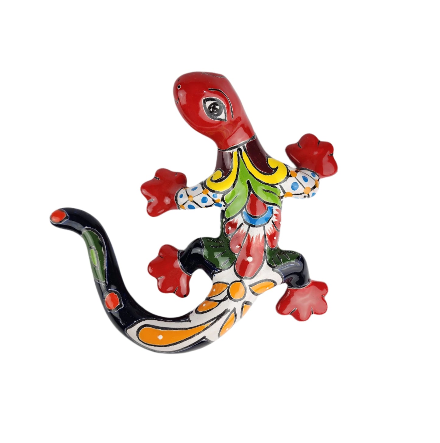 Colorful ceramic lizard wall art on a white background