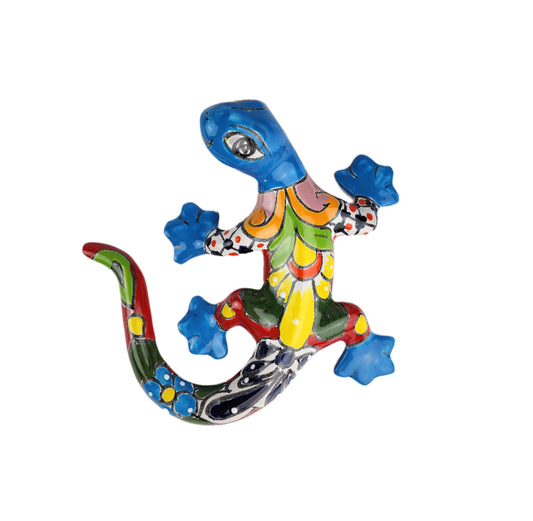 Colorful ceramic lizard wall art on a white background