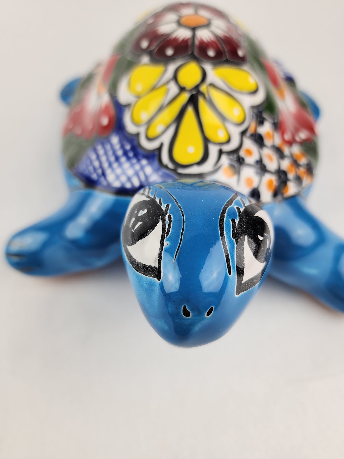 Cobalt Blue Ceramic Turtle with Multicolor Talavera Patterns