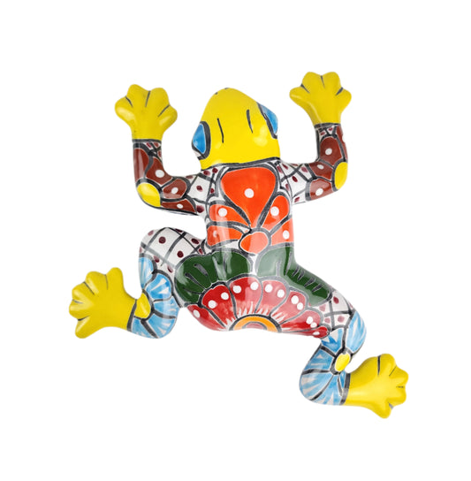 Colorful ceramic frog wall art on a white background