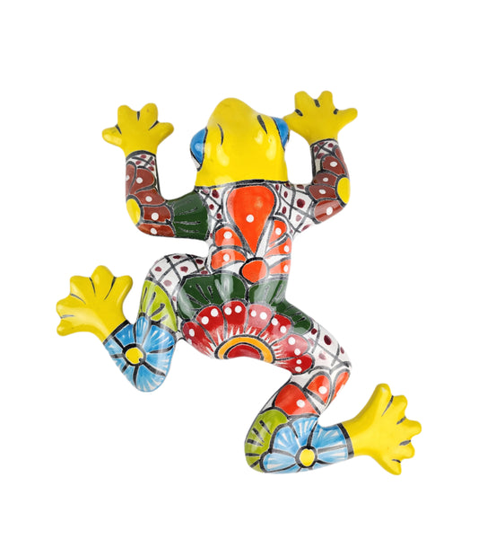 Colorful ceramic lizard wall art on a white background