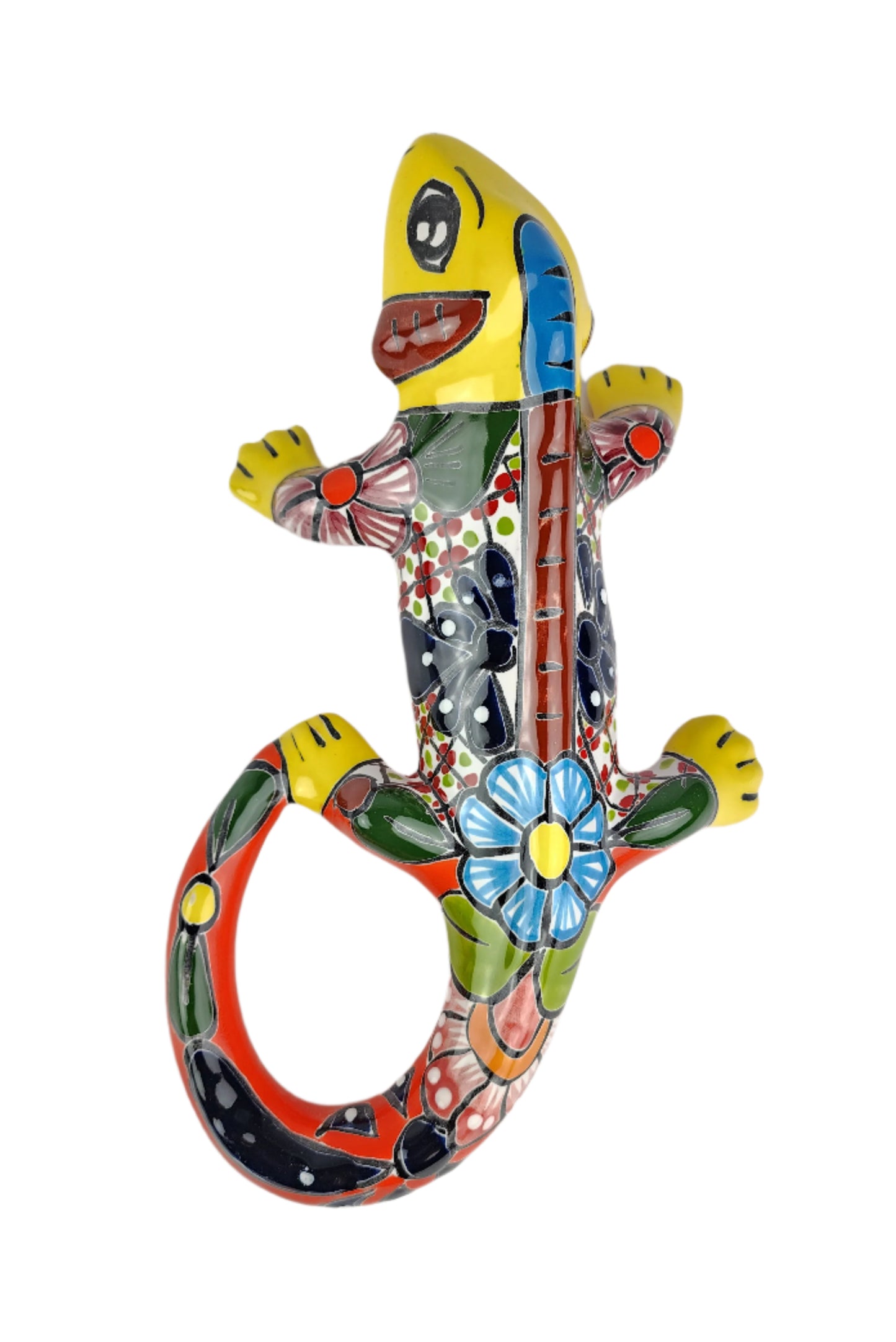 Colorful ceramic lizard sculpture on a white background