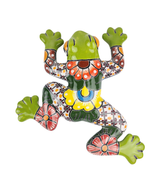 Decorative ceramic frog with colorful patterns on a white background