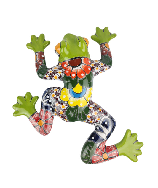 Colorful ceramic frog wall art on a white background