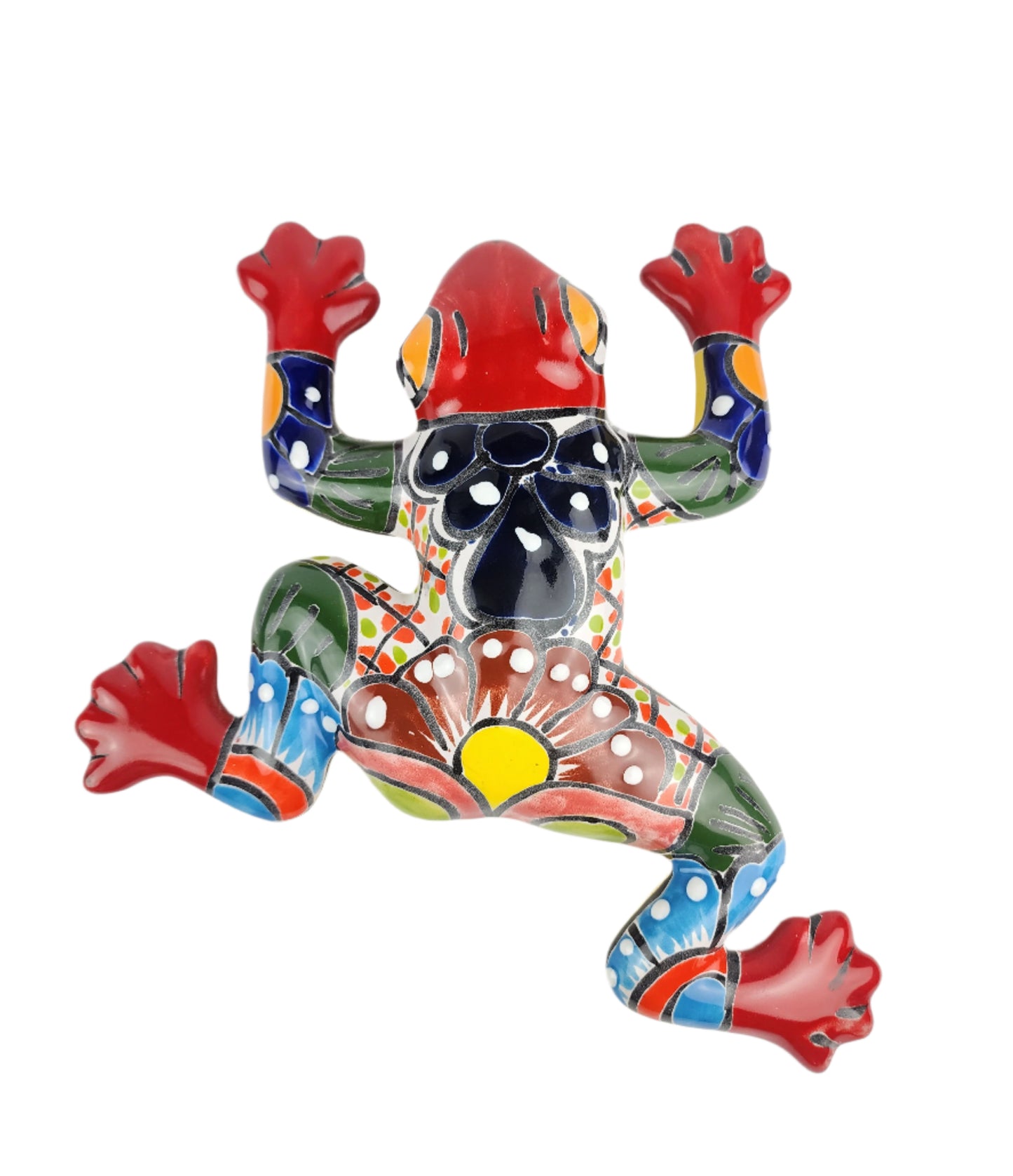Colorful ceramic frog wall art on a white background