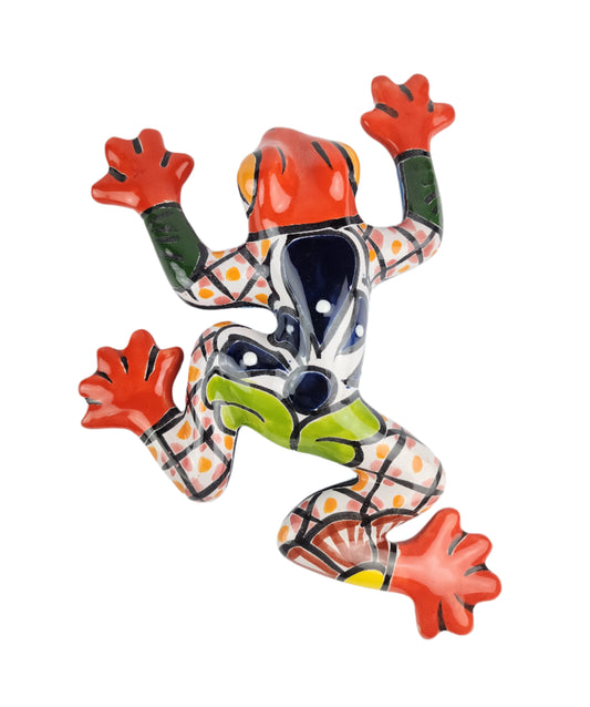 Colorful ceramic frog sculpture on a white background