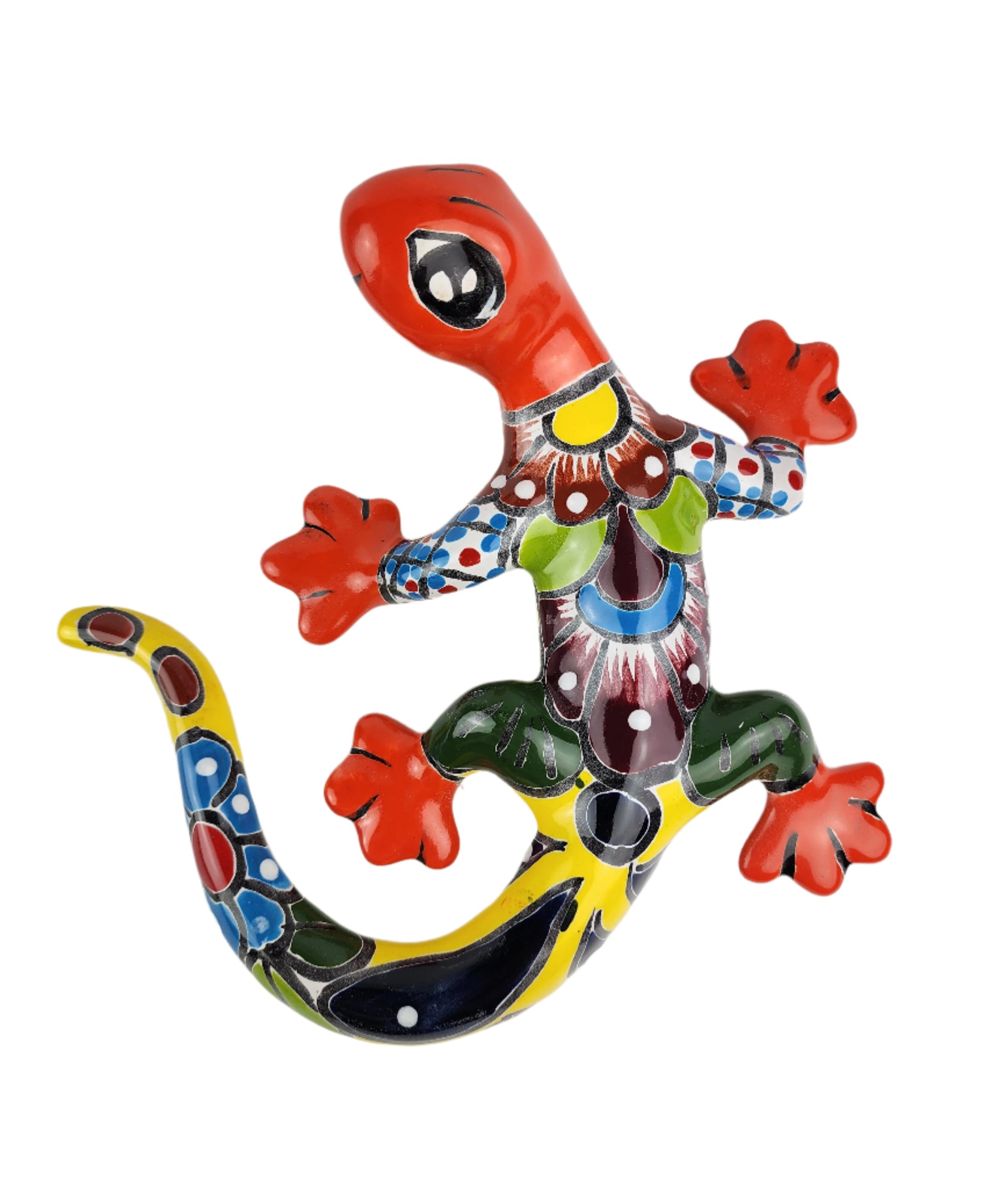 Colorful ceramic lizard wall art on a white background