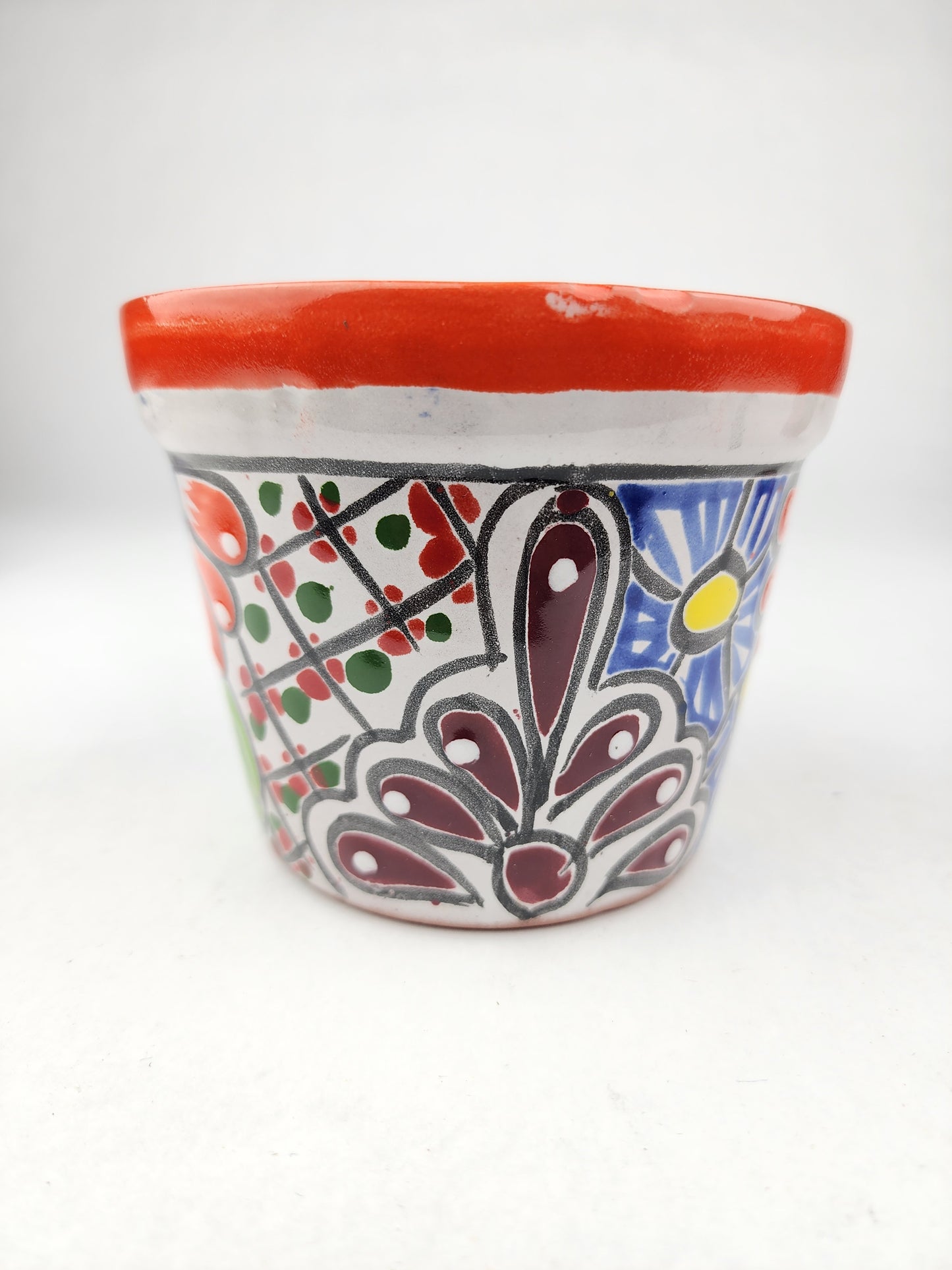 Mini Talavera Ceramic Planter – Orange Rim & Colorful Floral Design