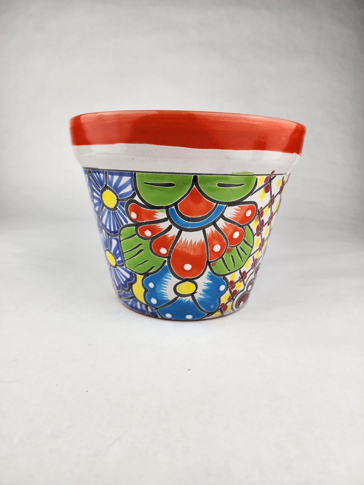 Hand-Painted Small Talavera Planter – Bright Orange Rim & Floral Art
