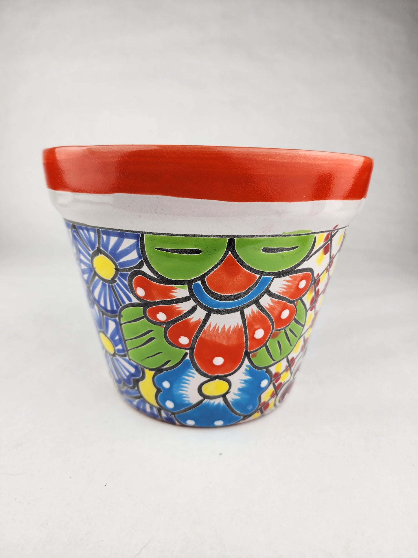 Hand-Painted Small Talavera Planter – Bright Orange Rim & Floral Art