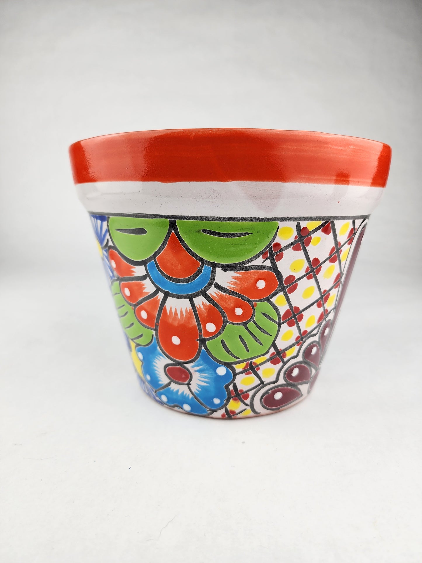 Hand-Painted Small Talavera Planter – Bright Orange Rim & Floral Art