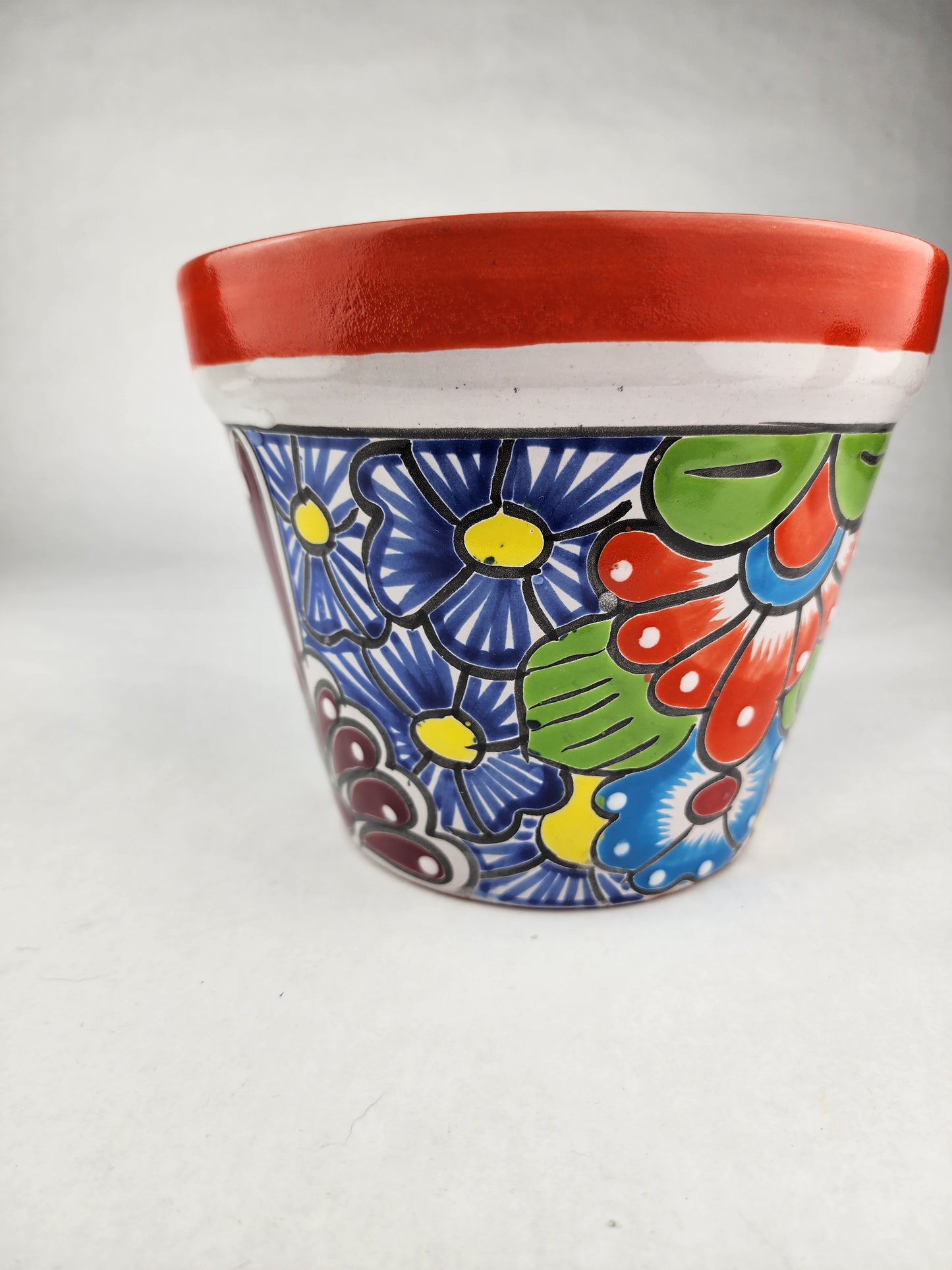 Hand-Painted Small Talavera Planter – Bright Orange Rim & Floral Art