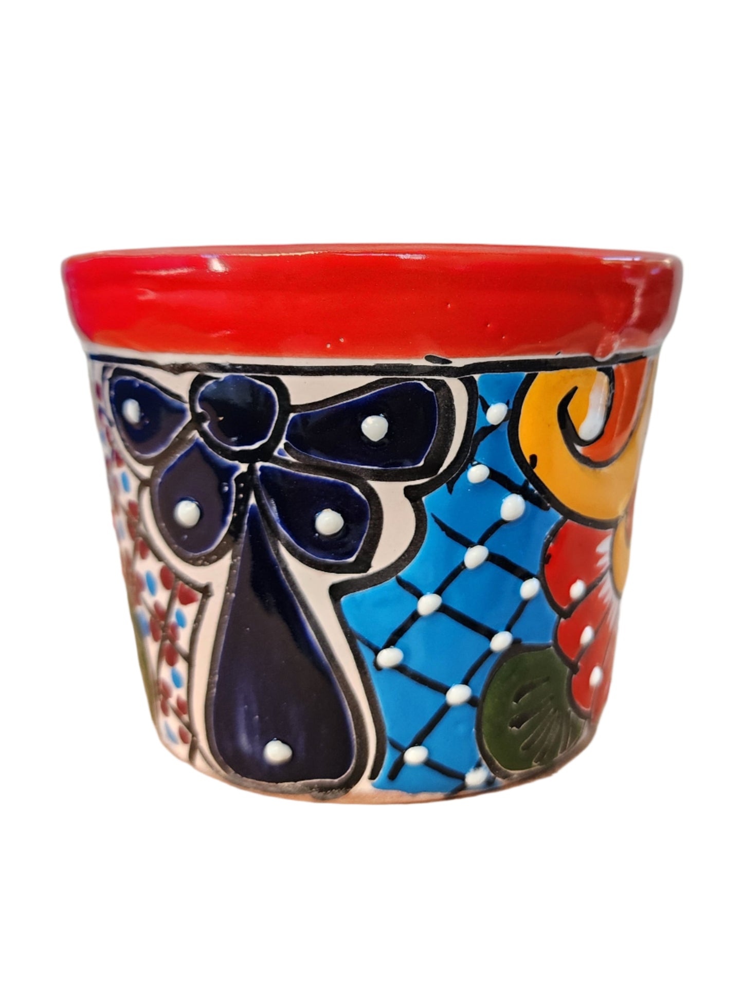 Small Talavera Ceramic Planter – Red Rim with Colorful Hand-Painted Pattern