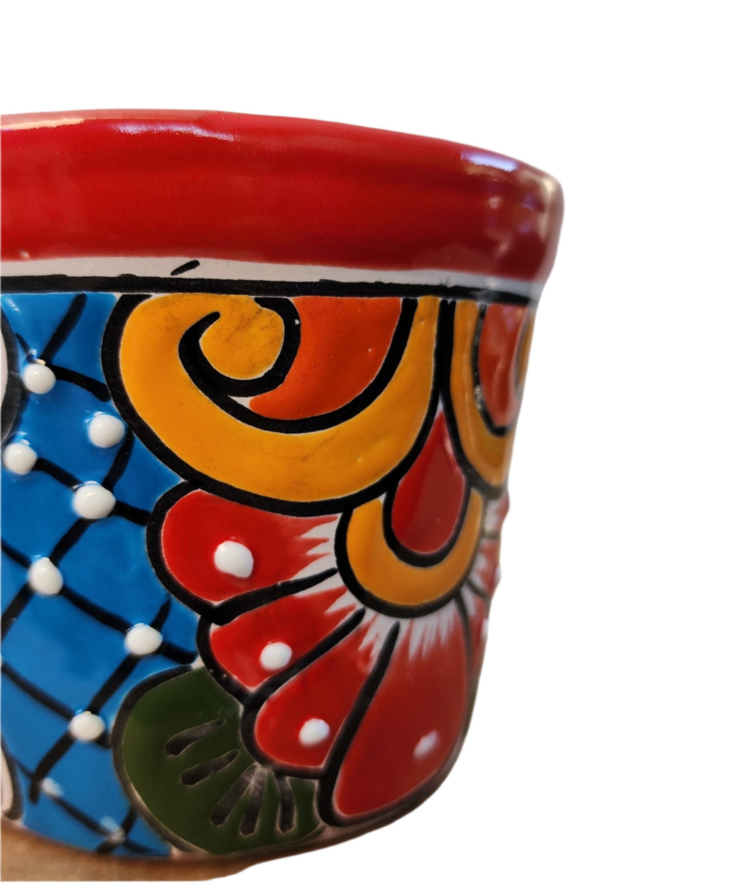 Small Talavera Ceramic Planter – Red Rim with Colorful Hand-Painted Pattern