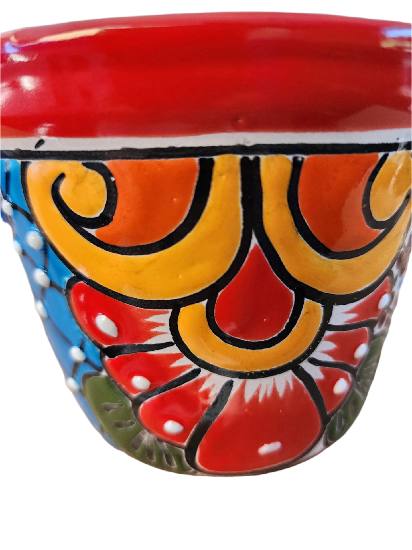 Small Talavera Ceramic Planter – Red Rim with Colorful Hand-Painted Pattern