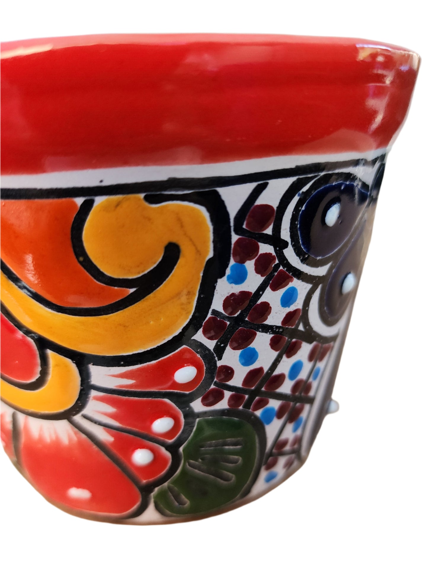 Small Talavera Ceramic Planter – Red Rim with Colorful Hand-Painted Pattern