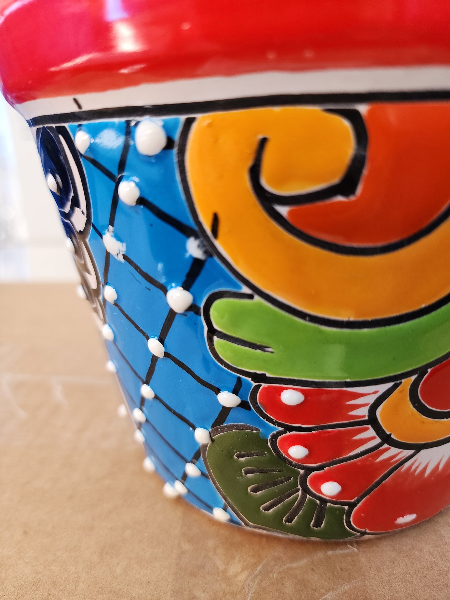 Small Hand-Painted Talavera Pot – Red Rim Colorful Ceramic Planter