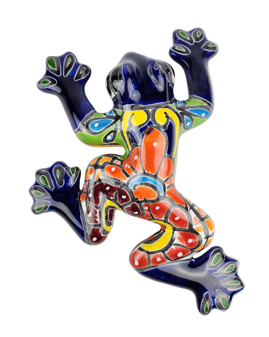Colorful ceramic frog sculpture on a white background