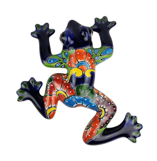 Colorful ceramic frog wall deco on a white background