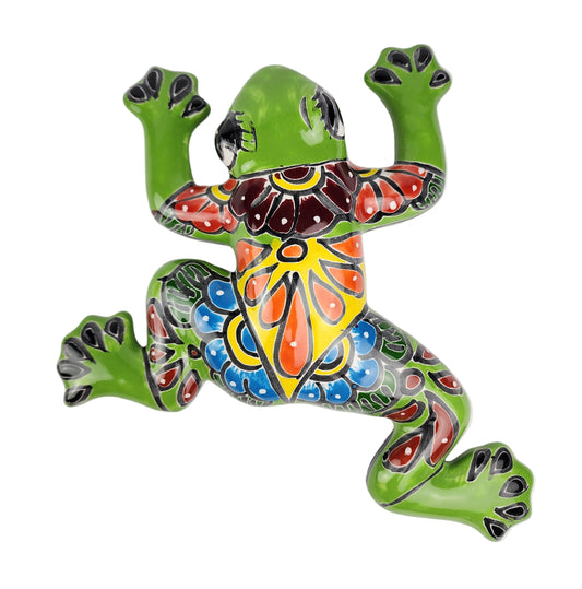 Colorful ceramic frog sculpture on a white background