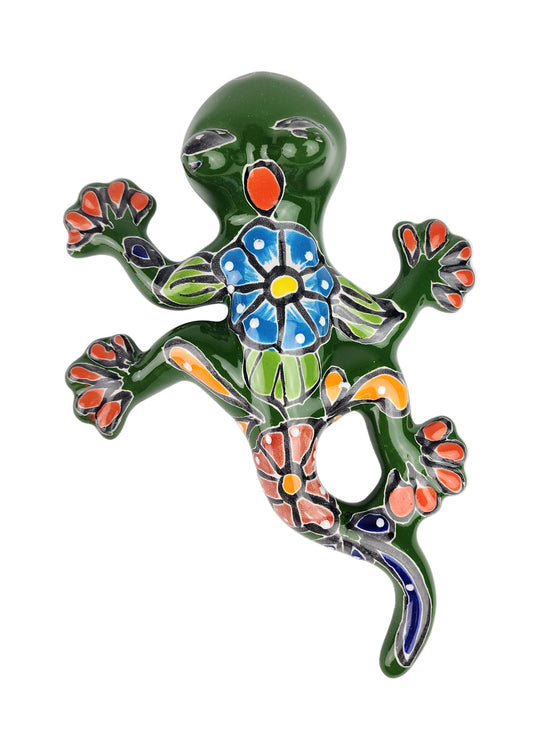 Decorative lizard with floral patterns on a white background