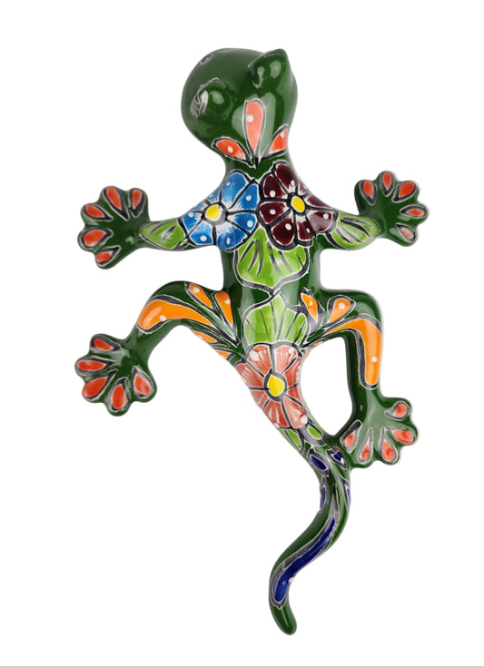Colorful ceramic lizard wall art on a white background