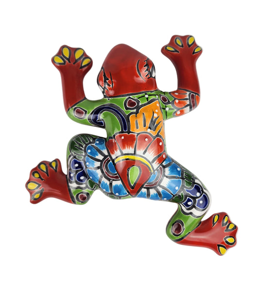 Colorful ceramic frog wall art on a white background