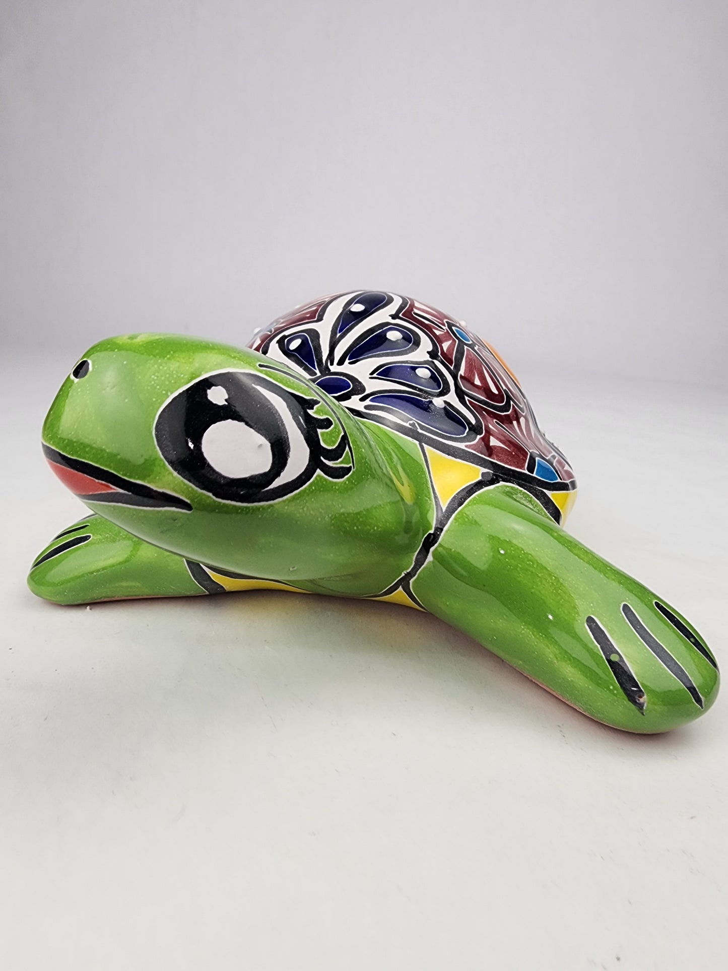 Green Mexican Ceramic Turtle Figurine 8.5" – Talavera-Style Garden Décor