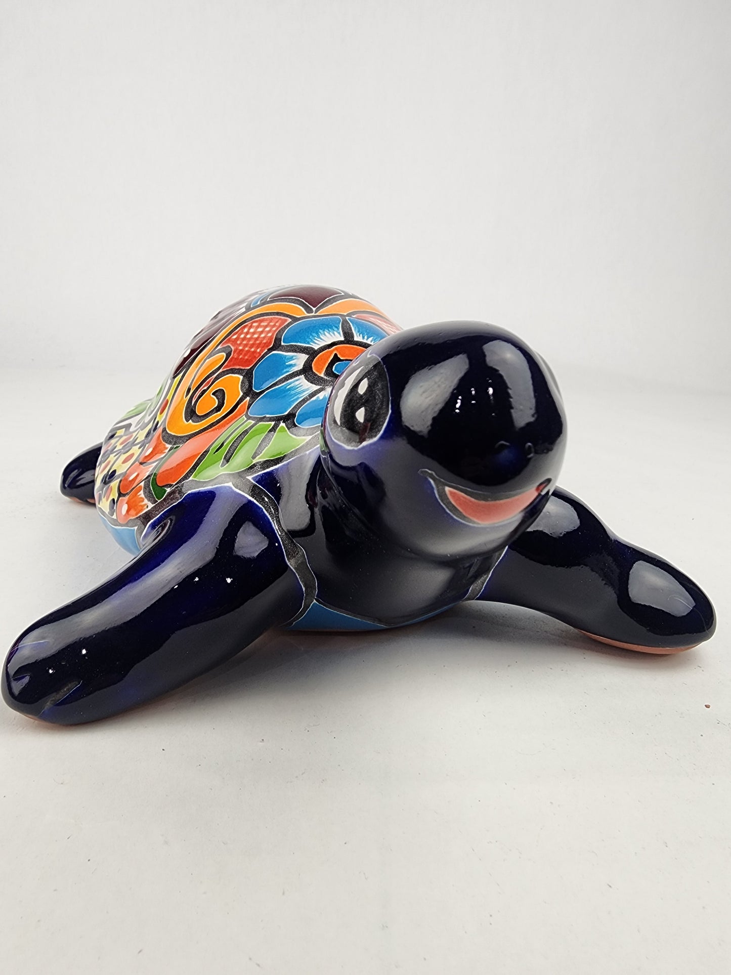 Blue Ceramic Turtle Figurine 11" – Talavera-Style Mexican Folk Art