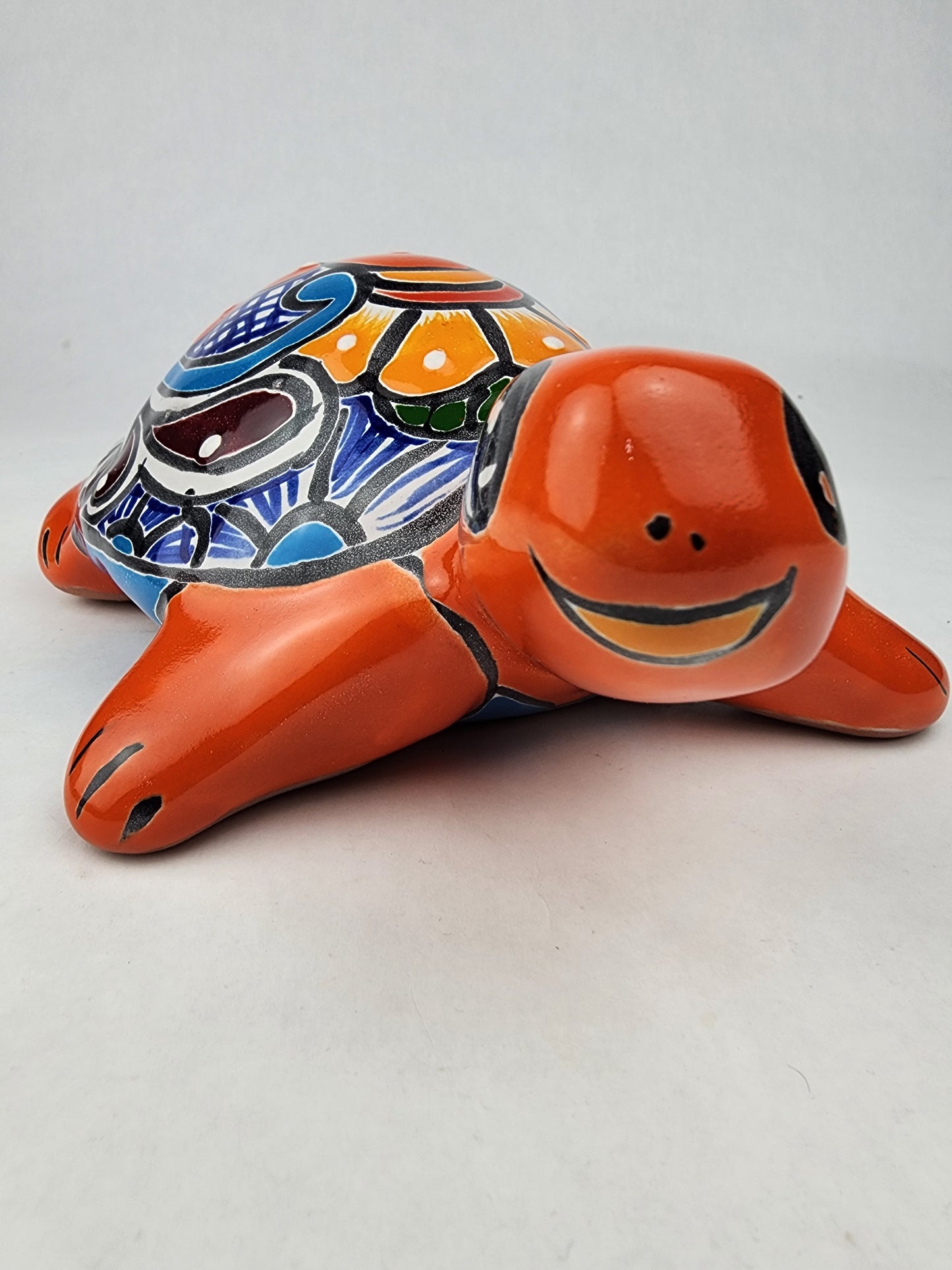 Red Orange Talavera-Style Turtle Figurine 8.5" – Mexican Folk Art Décor
