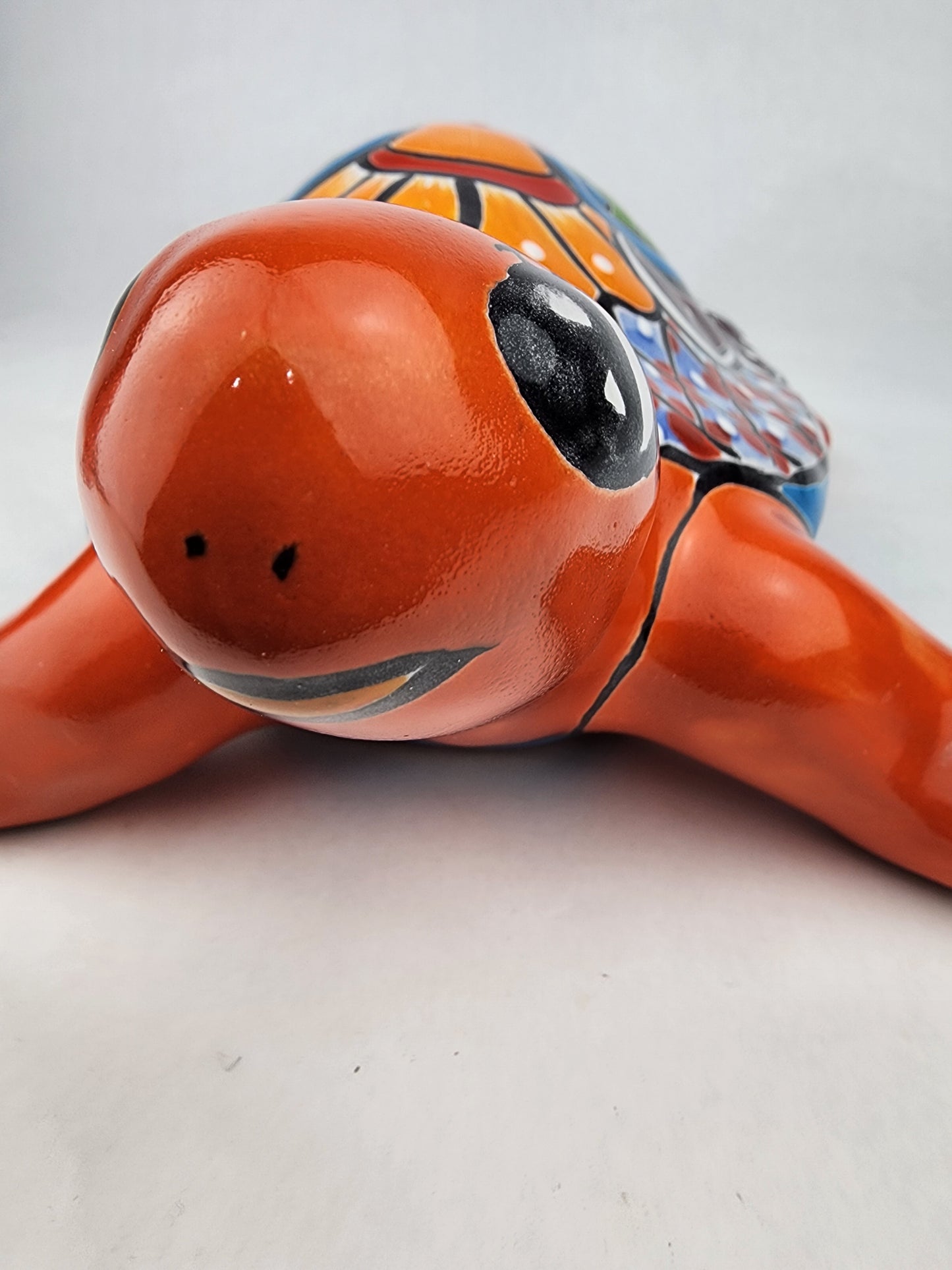 Red Orange Talavera-Style Turtle Figurine 11" – Mexican Folk Art Décor