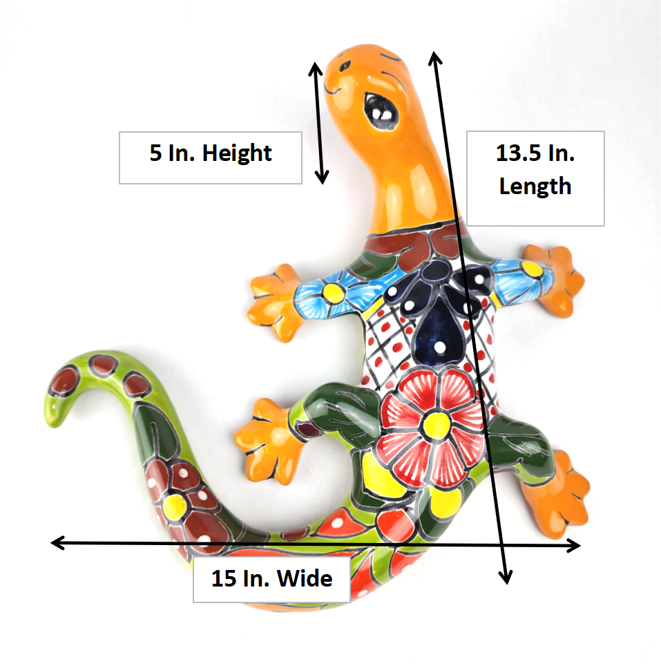 Orange & Green Talavera-Style Gecko – Mexican Ceramic Wall Art