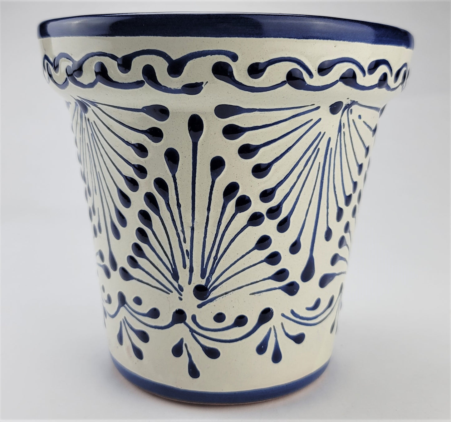 Small Boho Mexican Ceramic Planter – Blue & Cream