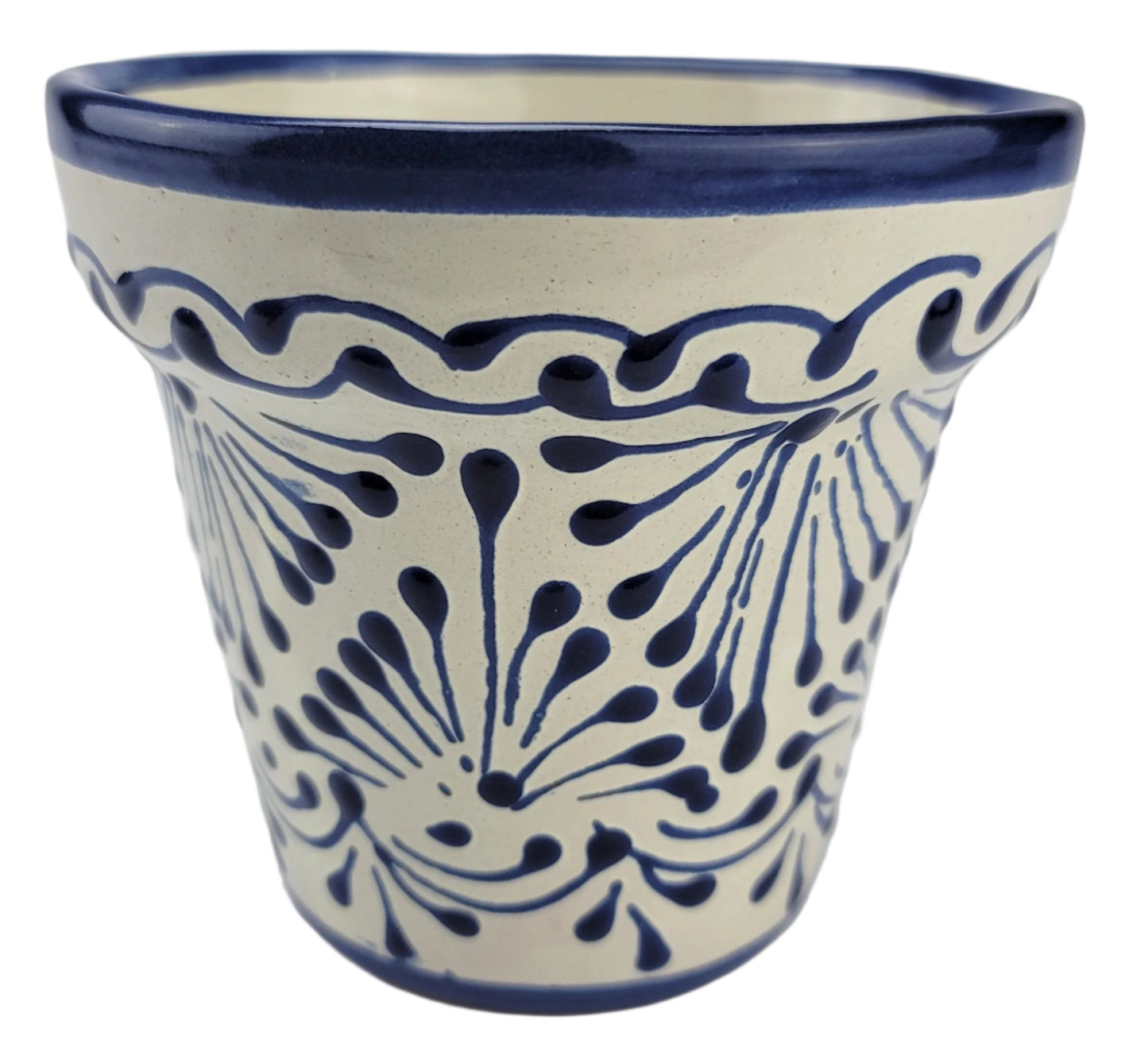 Ceramic pot with blue and white pattern on a white background