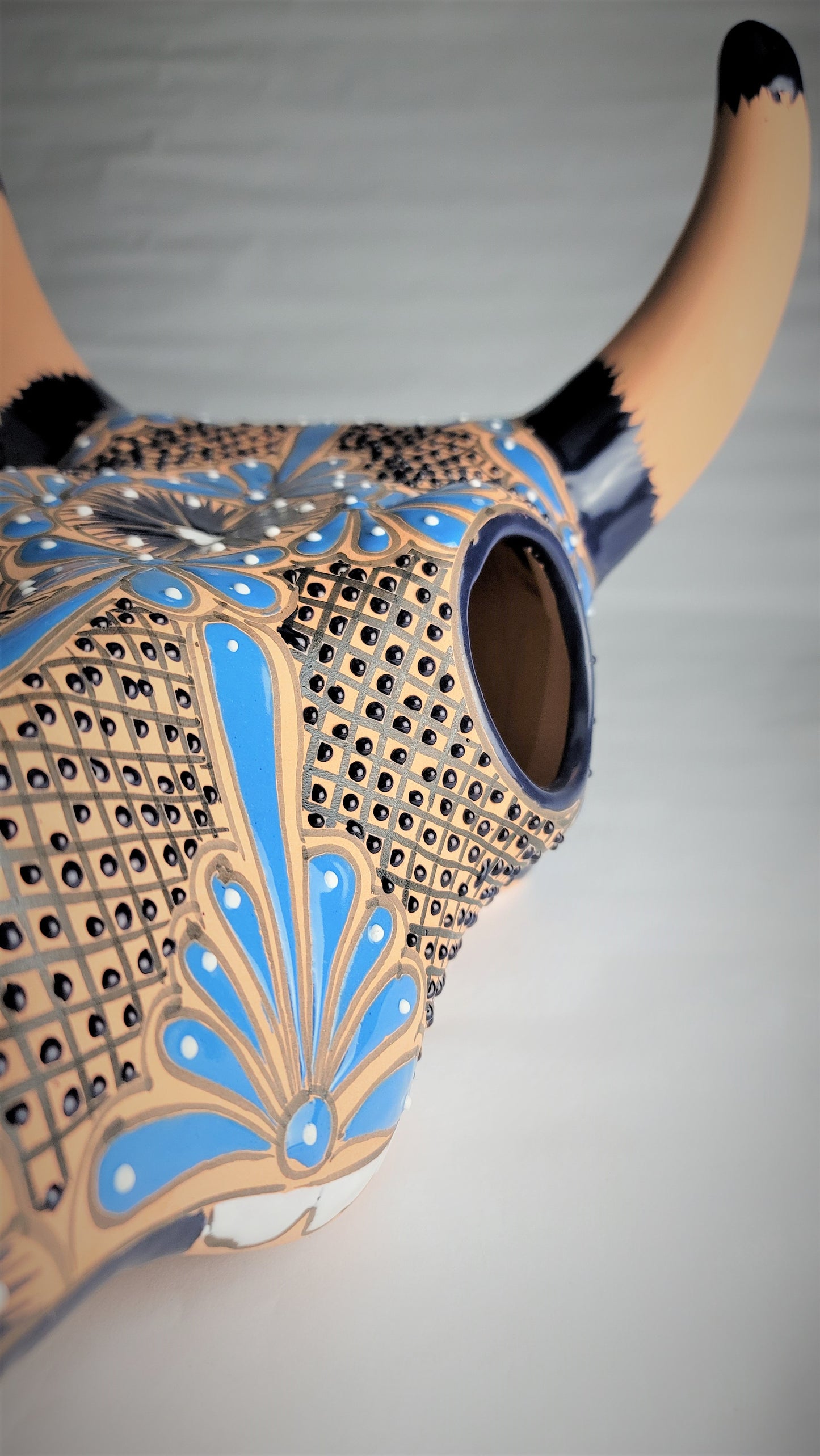 Mexican Hand-Painted Ceramic Cow Skull Mexico Folk Art