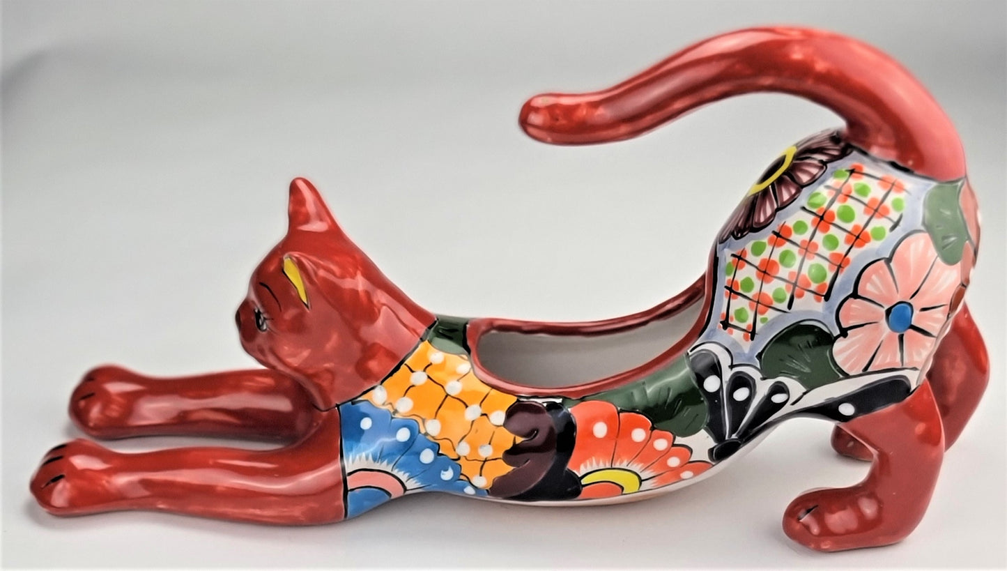 Hand-Painted Colorful Mexican Cat Pot – Ceramic Animal Figure Planter