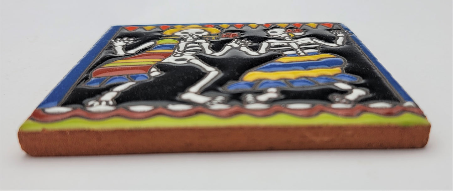 Dancing Skeletons Tile – Día de los Muertos Ceramic Folk Art