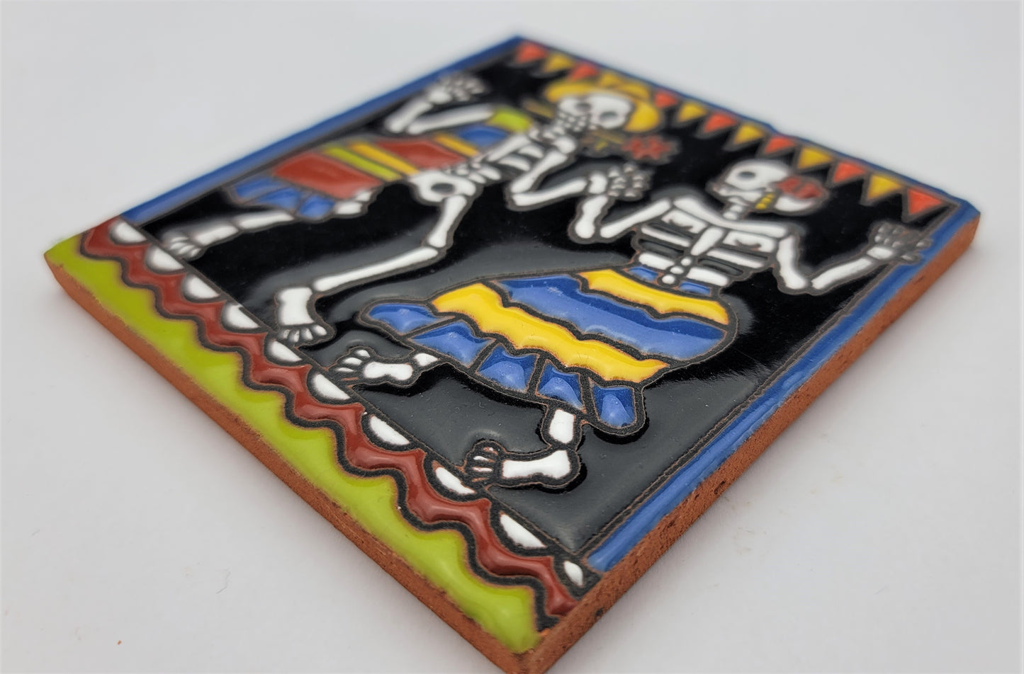 Dancing Skeletons Tile – Día de los Muertos Ceramic Folk Art