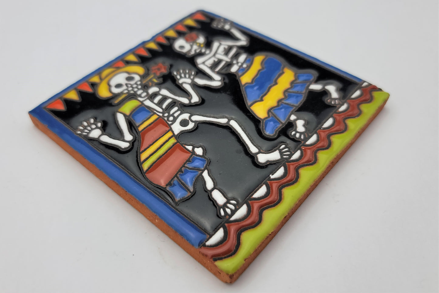 Dancing Skeletons Tile – Día de los Muertos Ceramic Folk Art